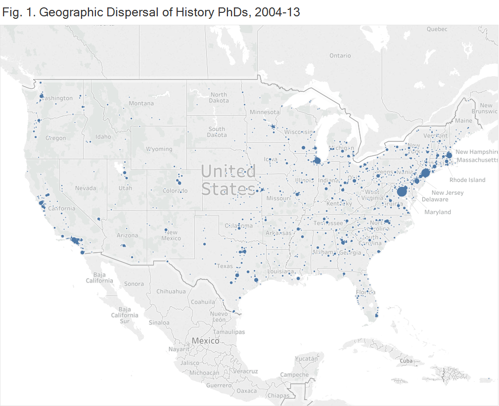 Fig. 1. Geographic Dispersal of History PhDs, 2004-13